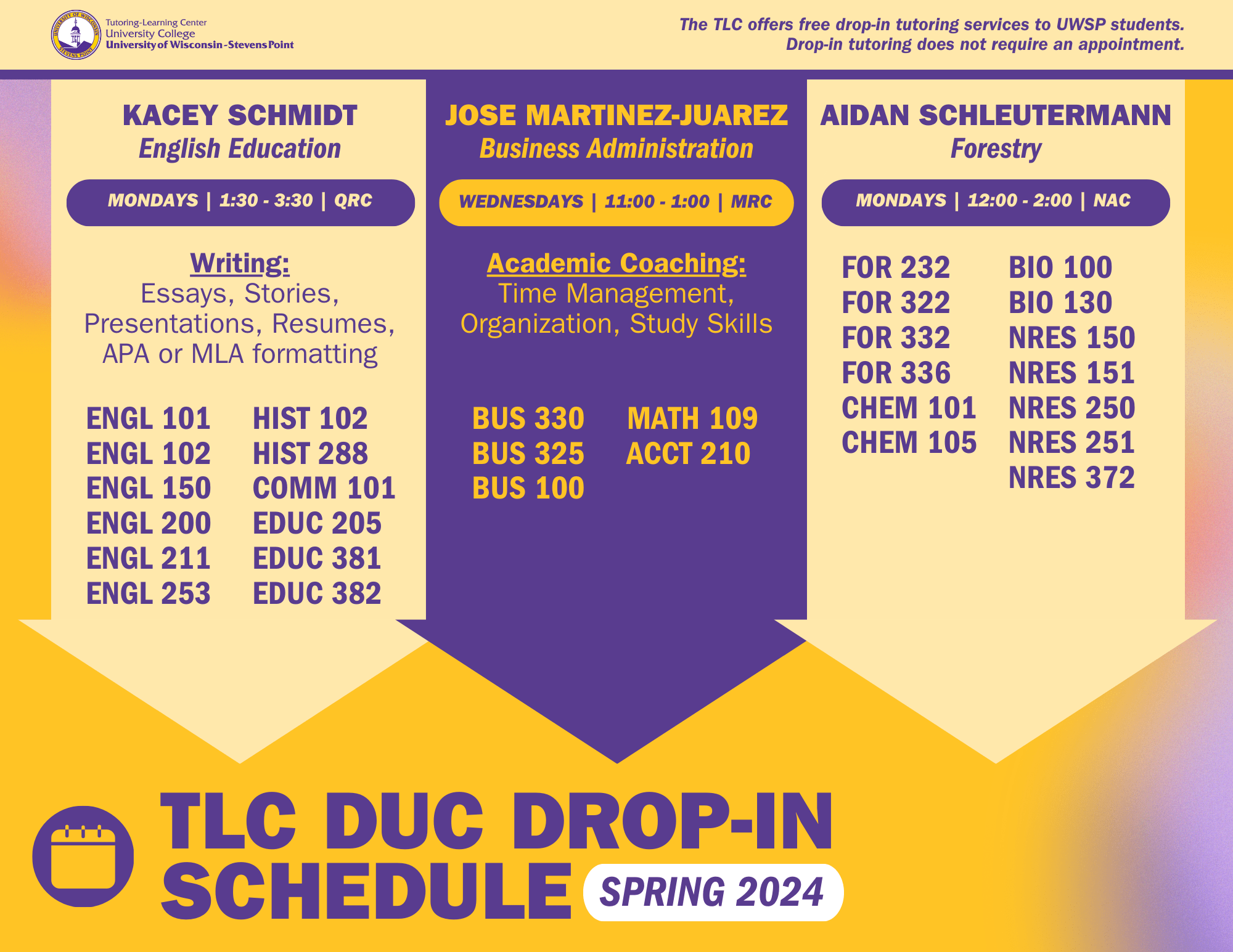 DropIn Tutoring Schedules TutoringLearning Center (TLC) UWSP